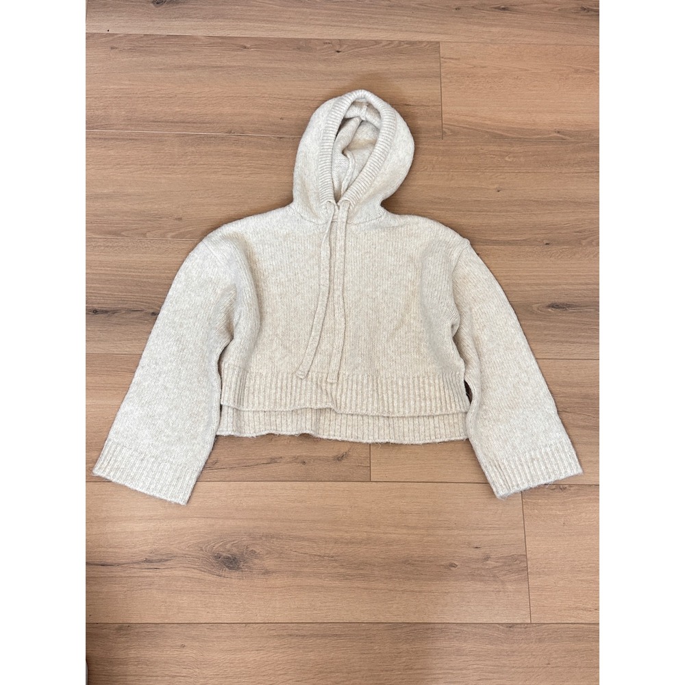 Zara Womens Cropped Knit Hoodie Cream Alpaca Wool Blend XS-S 5755/159/712